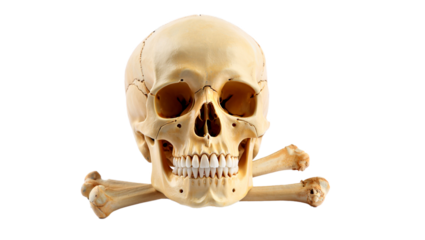 A human skull and crossbones composition is prominently displayed, isolated against a pure white background. The bleached skull faces forward, revealing clear eye sockets and nasal cavity. Two diagona