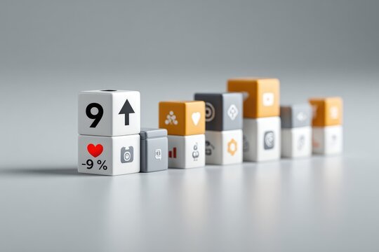 Ascending blocks display social media metrics, showing growth and engagement - Powered by Adobe