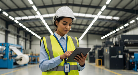 Confident young female engineer in a hard hat and safety vest, using a tablet to manage industrial operations in a modern factory setting