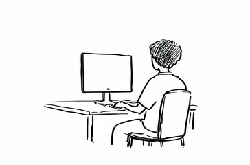 Rear View Businessman Working at Computer Desk Vector Line Art