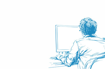 Rear View Businessman Working at Computer Desk Vector Line Art