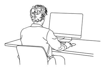 Rear View Businessman Working at Computer Desk Vector Line Art