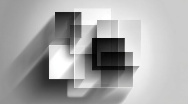 Overlapping grayscale squares cast shadows on a light background - Powered by Adobe