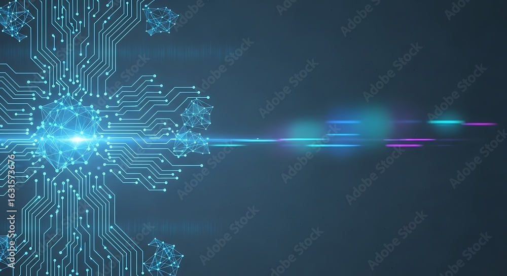 Poster abstract technology background: futuristic circuit board design with glowing nodes and light streaks