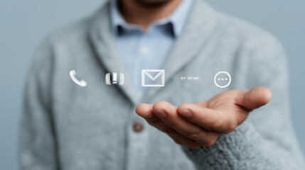 Floating communication symbols hover above outstretched hand suggesting digital connectivity.