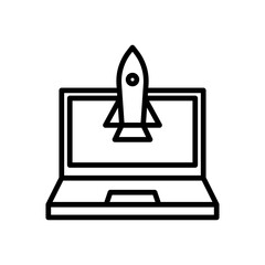 Startup Launch Symbol, Rocket Icon on Laptop Screen in Minimalist Line Design