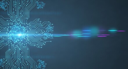 Abstract Technology Background:  Futuristic Circuit Board Design with Glowing Nodes and Light Streaks.