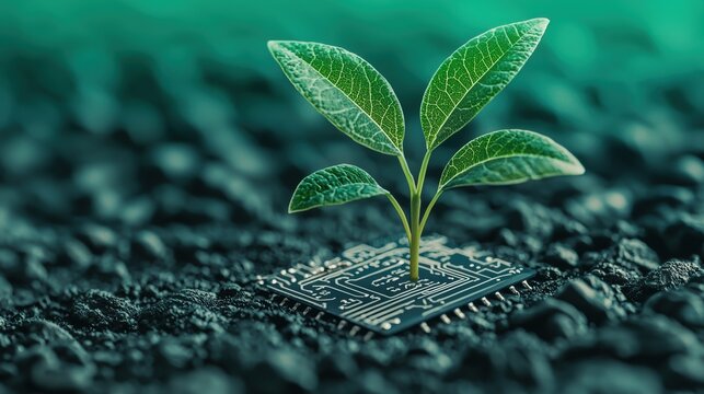 A small plant grows from a circuit board, symbolizing the fusion of technology and nature in a visually striking and thought-provoking manner.