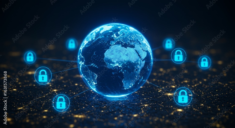 Poster glowing digital representation of earth surrounded by connected padlocks, symbolizing global network