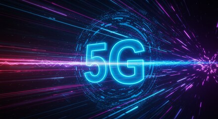 Glowing, electric blue "5G" symbol surrounded by digital light streaks against a dark, space-like background