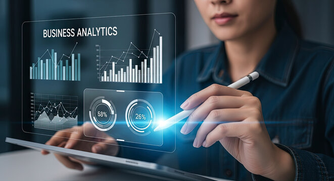 Professional business woman analyzing digital business analytics on a tablet with a stylus, looking at charts and graphs on a futuristic interface
