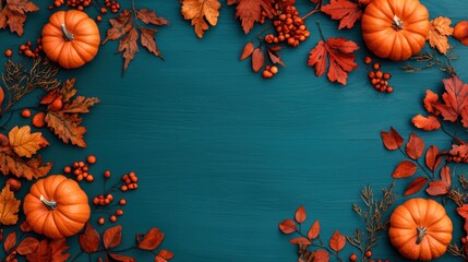 A vibrant autumn arrangement featuring pumpkins and colorful leaves against a teal background, perfect for seasonal decor and harvest themes.