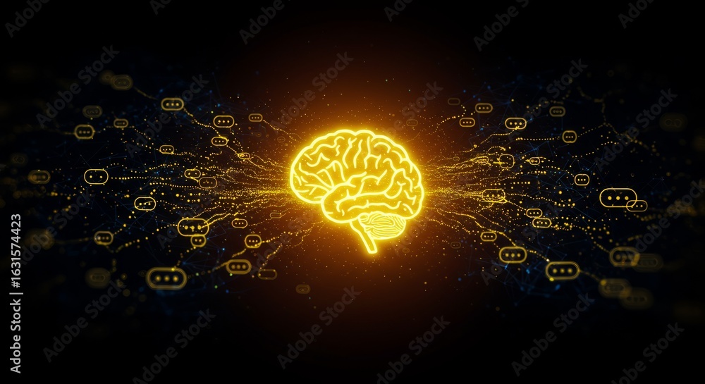 Poster glowing golden brain central to a network with speech bubbles, suggesting interconnected thoughts an