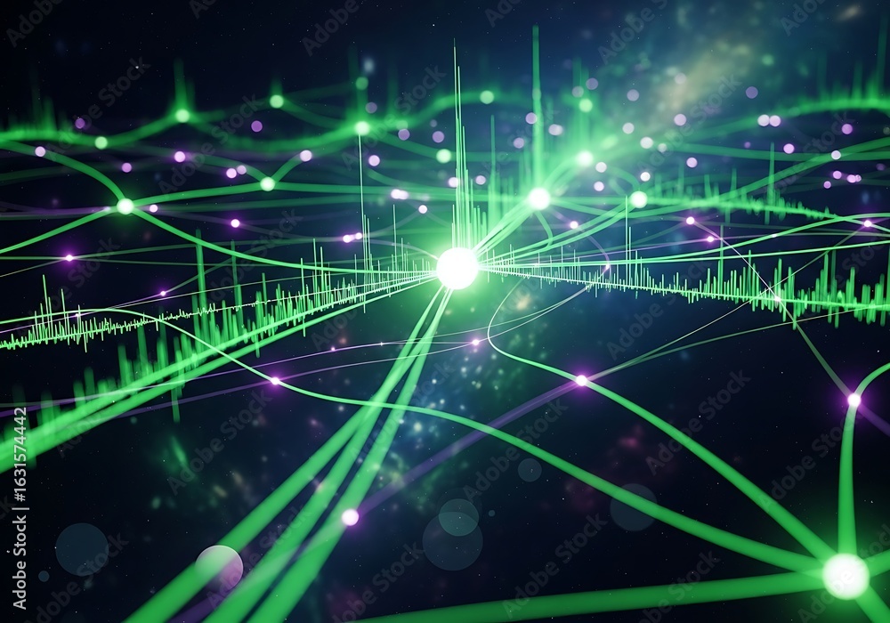 Aufkleber abstract network data flow: glowing green lines, nodes, and dynamic waveforms on dark background