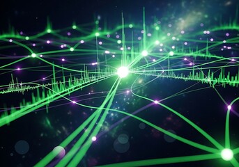 Abstract Network Data Flow: Glowing Green Lines, Nodes, and Dynamic Waveforms on Dark Background