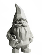 Abstract sculpture of a garden gnome holding a watering can. The sculpture is crafted entirely in a distinctive geometric low-poly style. 