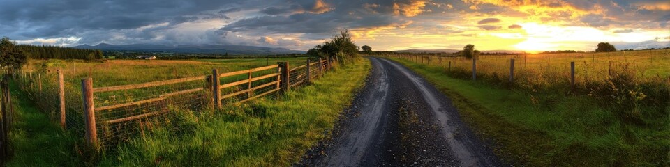 Fototapeta premium Breathtaking Rural Road at Sunset in the Scottish Countryside: A Scenic Landscape of Green Fields and Fences