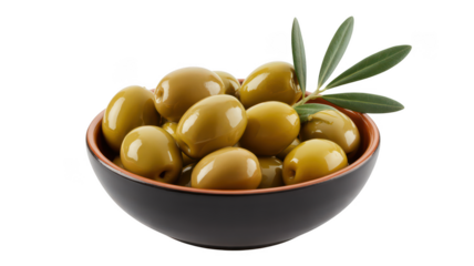 Bowl of green olives with leaves isolated on transparent background