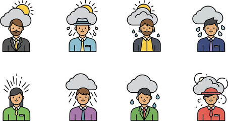 A collection of icons depicting people with weather conditions above their heads in a grid format