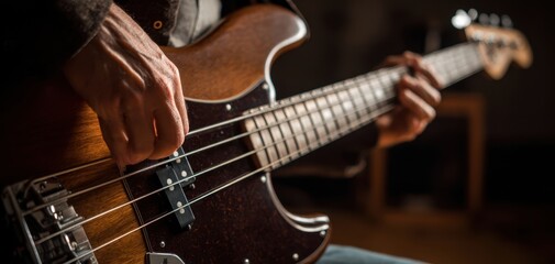 Obraz premium The musician expertly plays the bass guitar in a cozy studio setting.