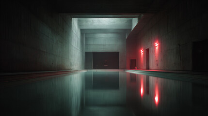 Indoor Brutalist Swimming Pool with Red Emergency Lights and Liminal Atmosphere

