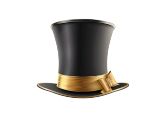 black wizzard top hat with golden bow isolated on white or transparent png