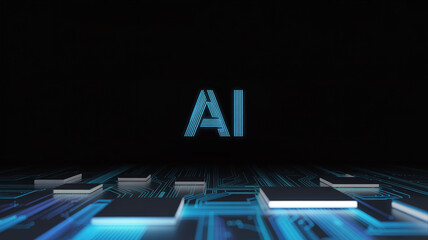 Text "AI" in bold letters at its center with blue circuit lines around it