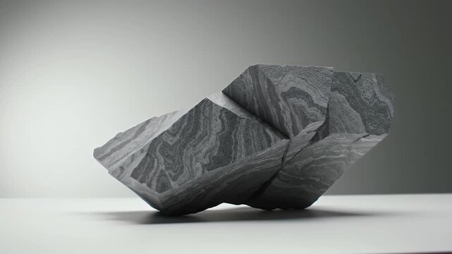 Geometric Gray and Black Rock Formation with Parallel Lines on White Surface