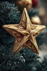 Close-up of golden Christmas star ornament on a teal tree