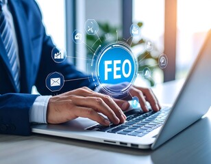 Businessperson using laptop, digital interface displays data