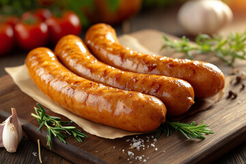 Grilled sausages on rustic board with garlic and herbs
