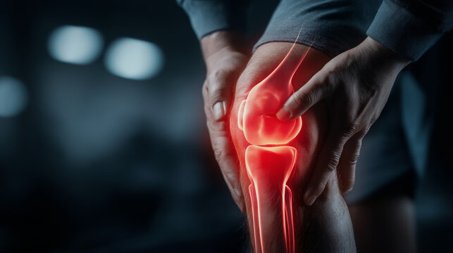 man feeling knee Pain with X-Ray Illustration of Joint Inflammation, zoom in, both hands holding knee, studio high quality