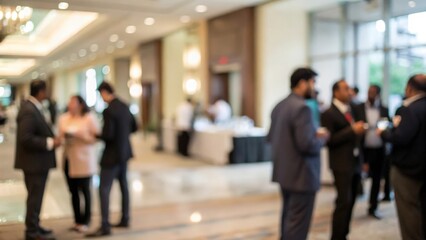 Indian corporate reception hall with blurred professionals — elegant business networking moment
