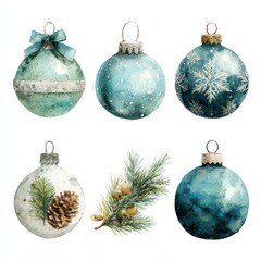 Beautiful watercolor Christmas ornaments in shades of blue and white with festive accents and natural elements