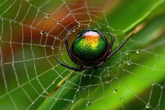 Colorful orb-weaver spider in dew-kissed web