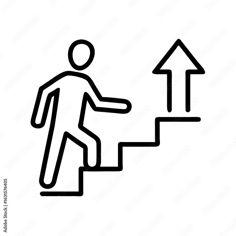 Poster a simple line drawing of a person climbing stairs with an arrow pointing upward at the top step