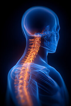 a 3d rendering x-ray in blue and orange of a spine, shoulders, neck and head on a dark background