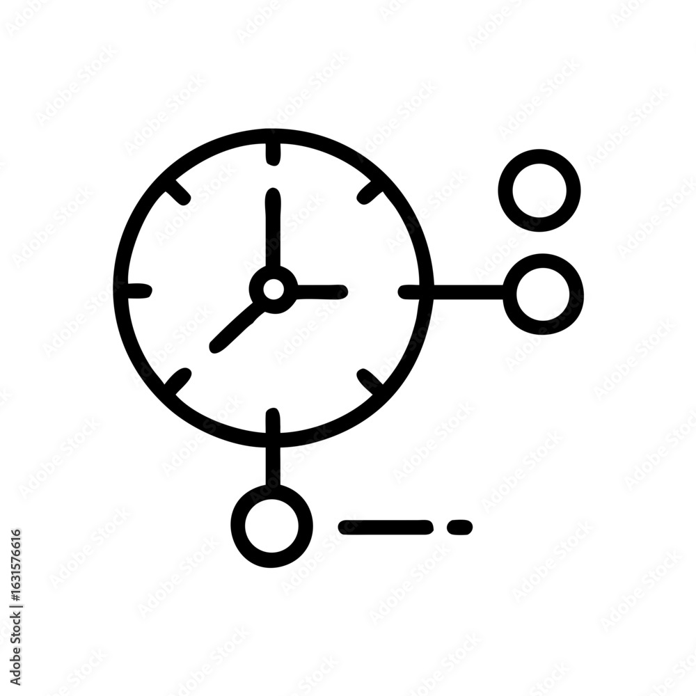 Poster illustration of a clock with short and long hands connected to circles and a short dash line design