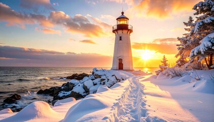 lighthouse on the coast at sunset