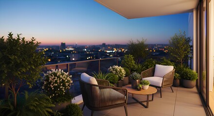 Obraz premium Luxurious high-rise balcony with modern furniture and plants overlooking a city at twilight.