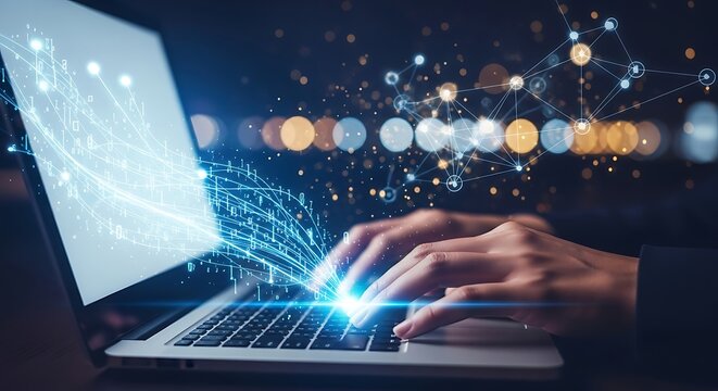 Hands typing on a laptop keyboard with abstract digital lights and bokeh effect - Powered by Adobe