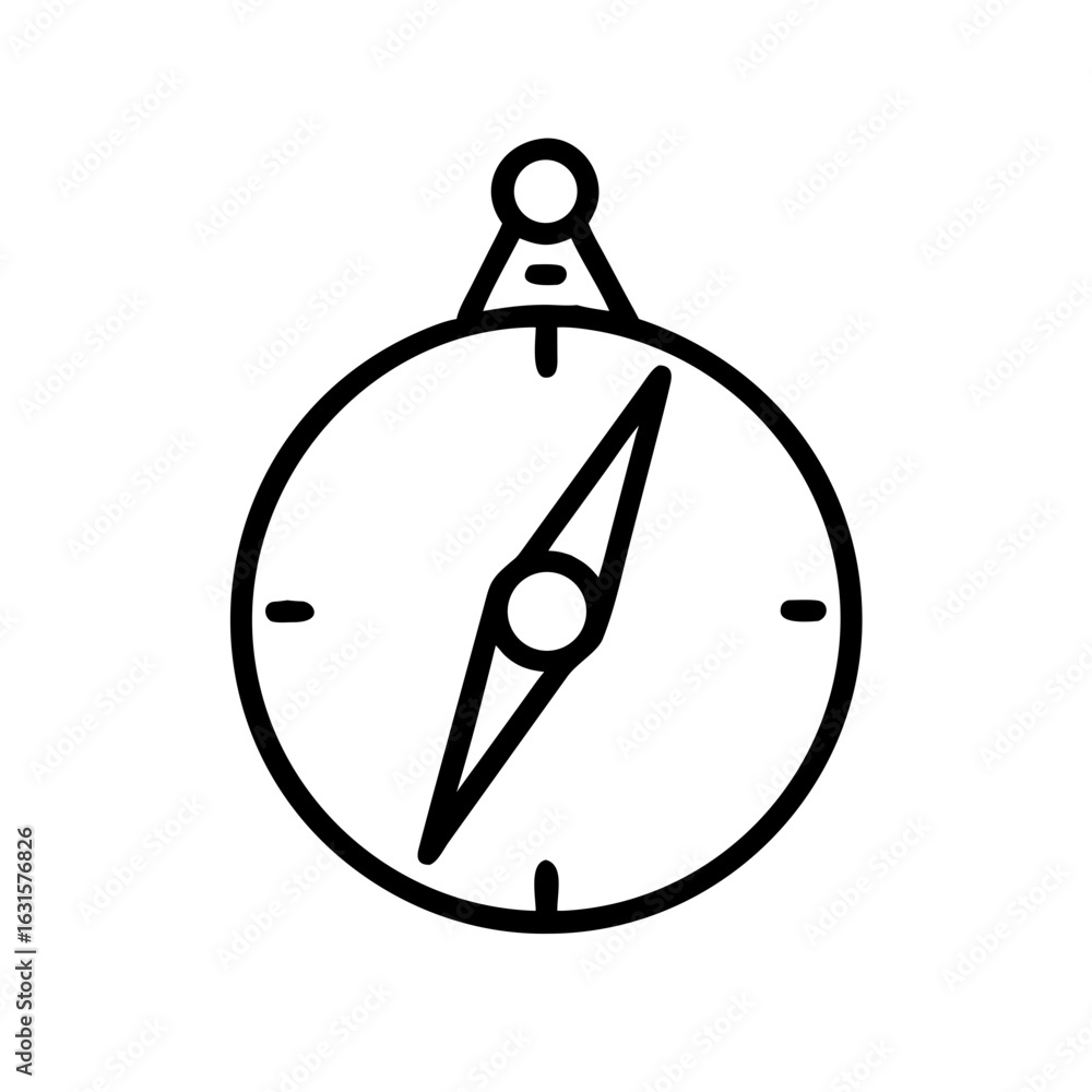 Poster outline style compass with needle pointing direction and hanging loop for navigation and orientation
