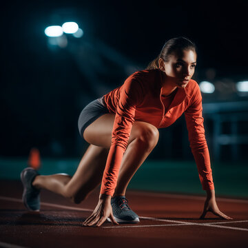 girl in a position in preparation ready to start running in a race or training evenight session