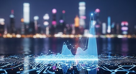 A glowing chart showing data analysis with city skyline in the background