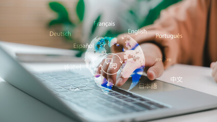 Finger touching laptop with AI-powered multilingual interface, symbolizing global communication, language translation, localization technology, and intelligent international connectivity.