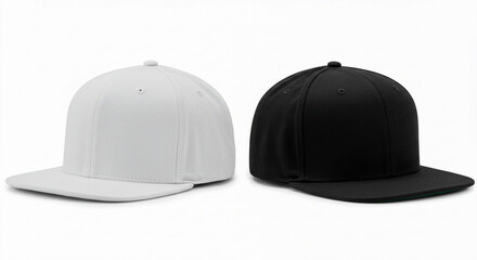Fototapeta premium A white cap and a black cap are displayed side-by-side against a bright white background