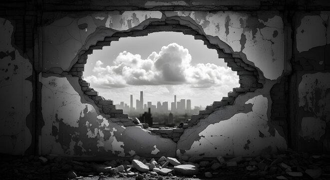 A dramatic black and white view of a modern city skyline seen through a large, jagged hole in a crumbling, textured wall, with clouds overhead.