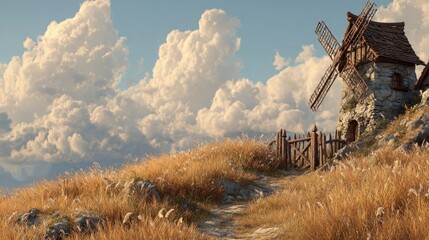 Rustic windmill on a hilltop path