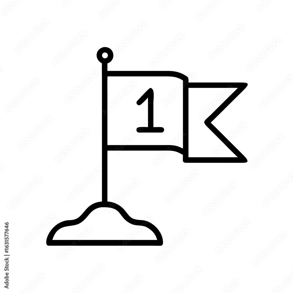 Poster Illustration of a flag with the number one on it marking a position on a small mound in black outline