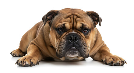 Obraz premium English bulldog relaxing with a grumpy yet lovable expression on white background